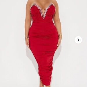 Fashion Nova Strapless Valentines Red Midi Dress with Rhinestone Accents-Red